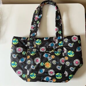 Smiley World Tote Bag with Floral, Sun, and Third Eye Design